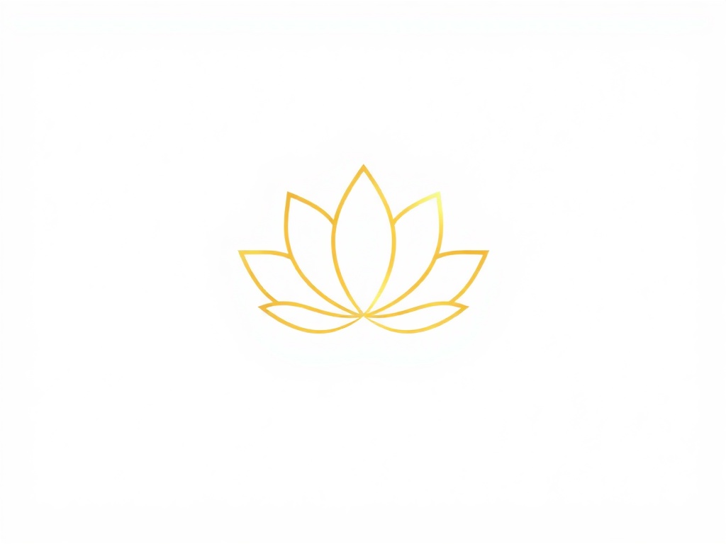 Abstract minimalist logo with a flowing line forming a lotus, gold on white background, photorealistic 8k.